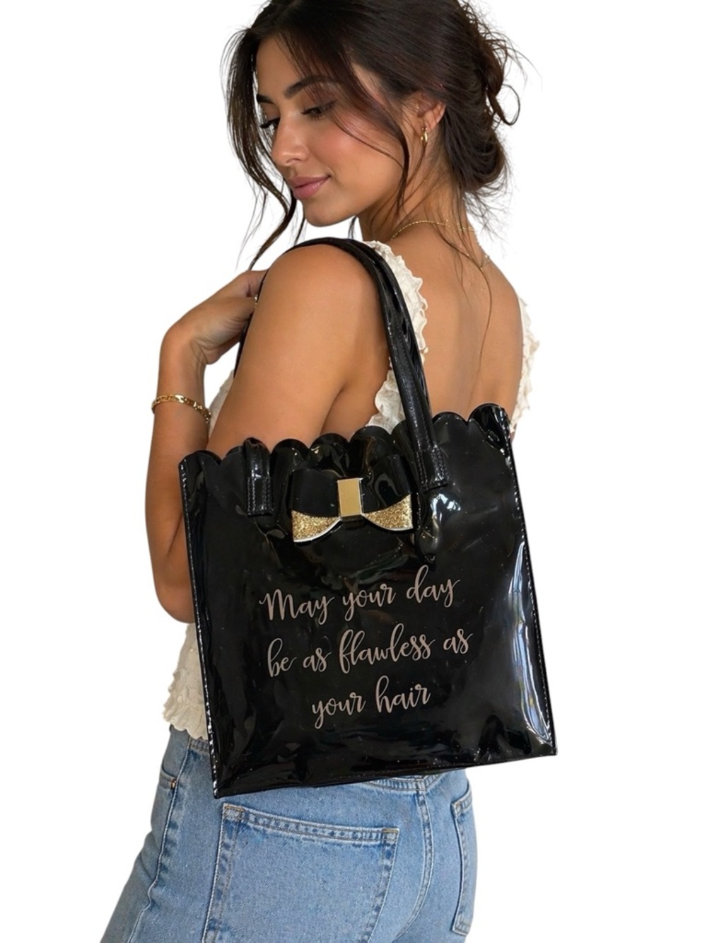 Black Patent Bow Tote Bag Scalloped Edge Cute Quote “Flawless Hair"
Handbag